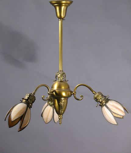 3-Light Electric Chandelier with Leaded Glass Shades